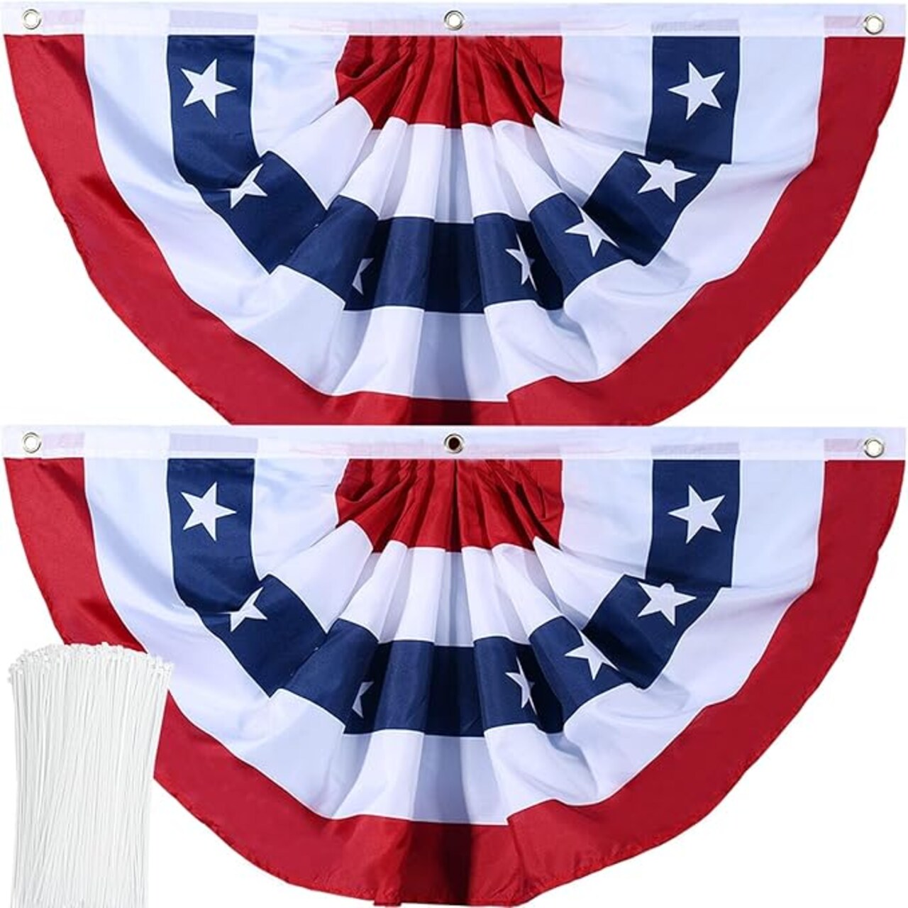 2-Pack American Flag Bunting (2x4 Feet) – Patriotic USA Pleated Fan Flags with Brass Grommets & Zip Ties – Heavy Duty Fade Resistant Canvas Header – All-Weather Decor for 4th of July, Memorial Day & Porch Railings